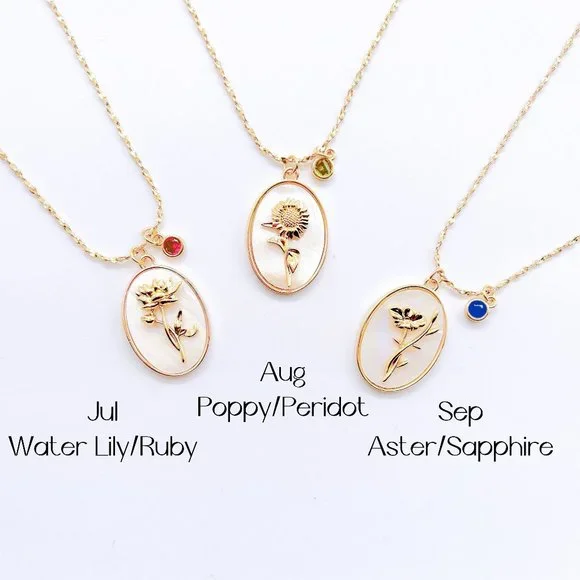 New Birth Flower Necklace with Birthstone Gold Necklace, Mother of Pearl Pendant - Picture 5 of 7